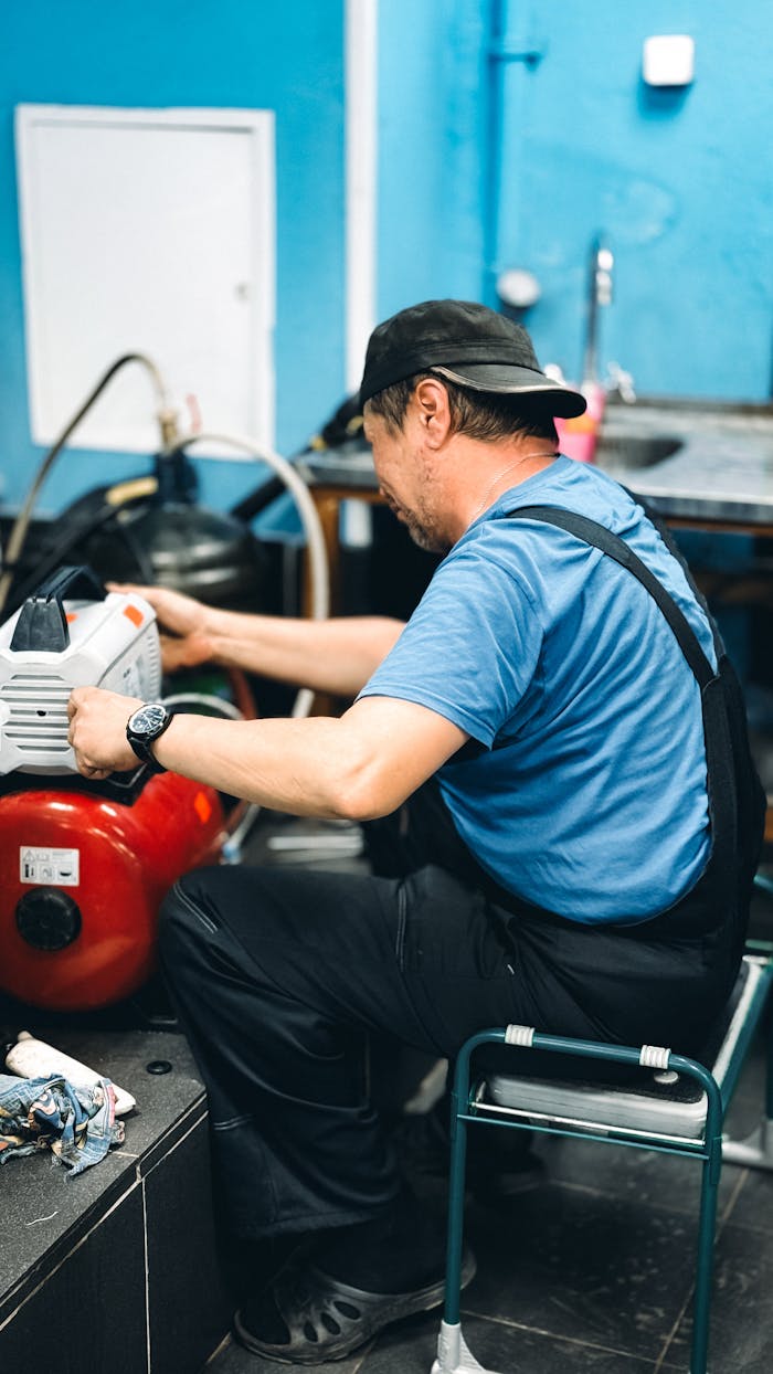 Repairman in blue overalls working diligently on machinery in an industrial workshop.